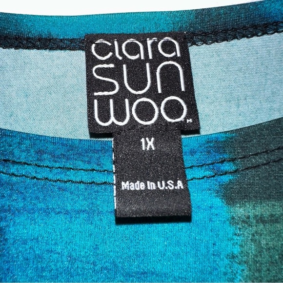 Clara Sun Woo Plus Size Turquoise Green Black Abstract Butter Knit Top USA Sz 1X - Picture 3 of 4